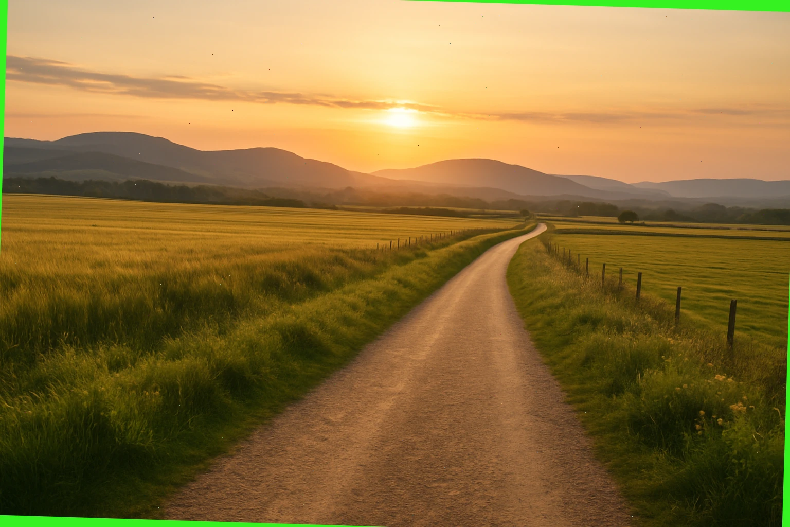Cyclist on a rural English road surrounded by green fields at sunset